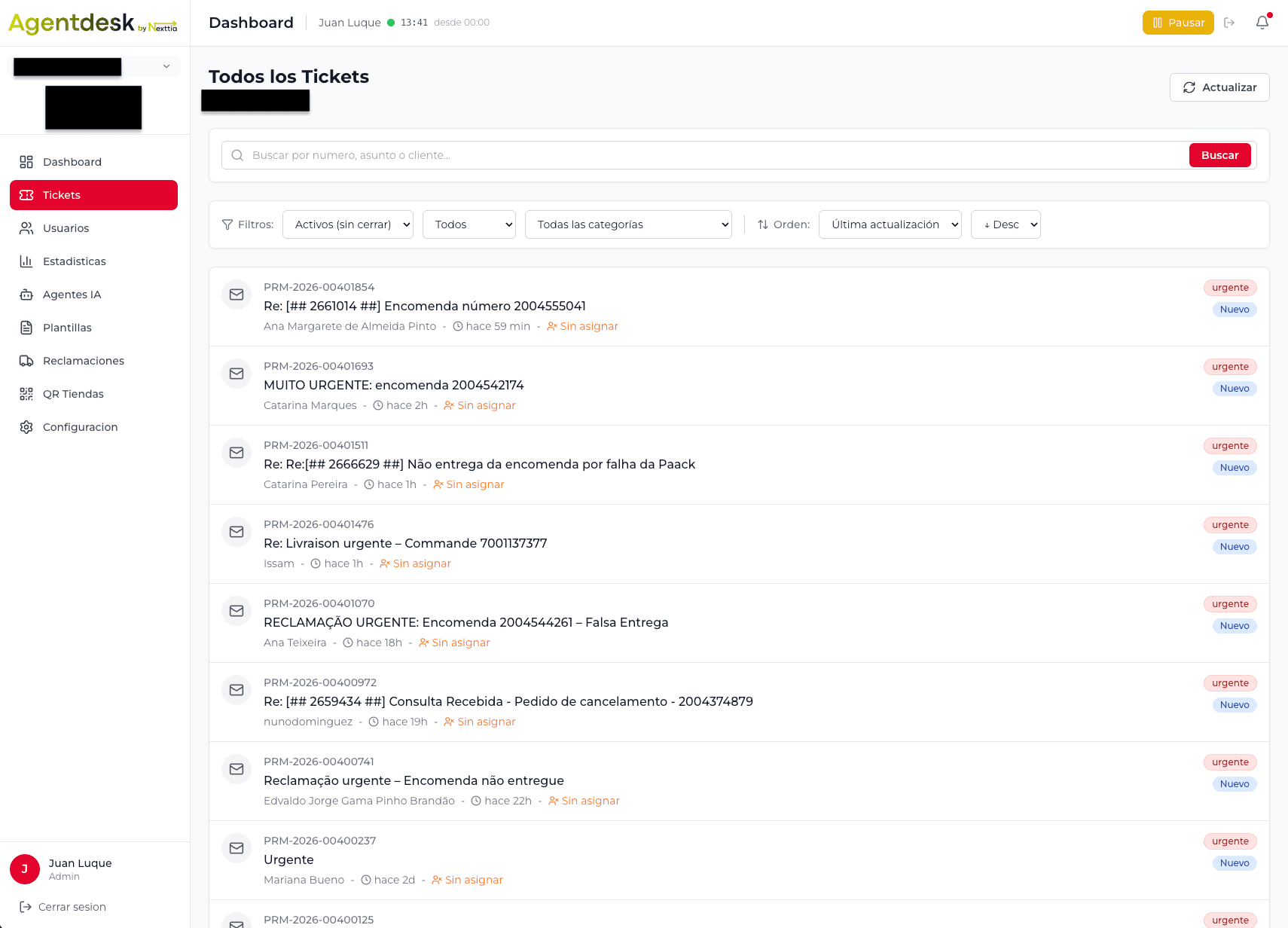 Bandeja unificada de tickets en AgentDesk
