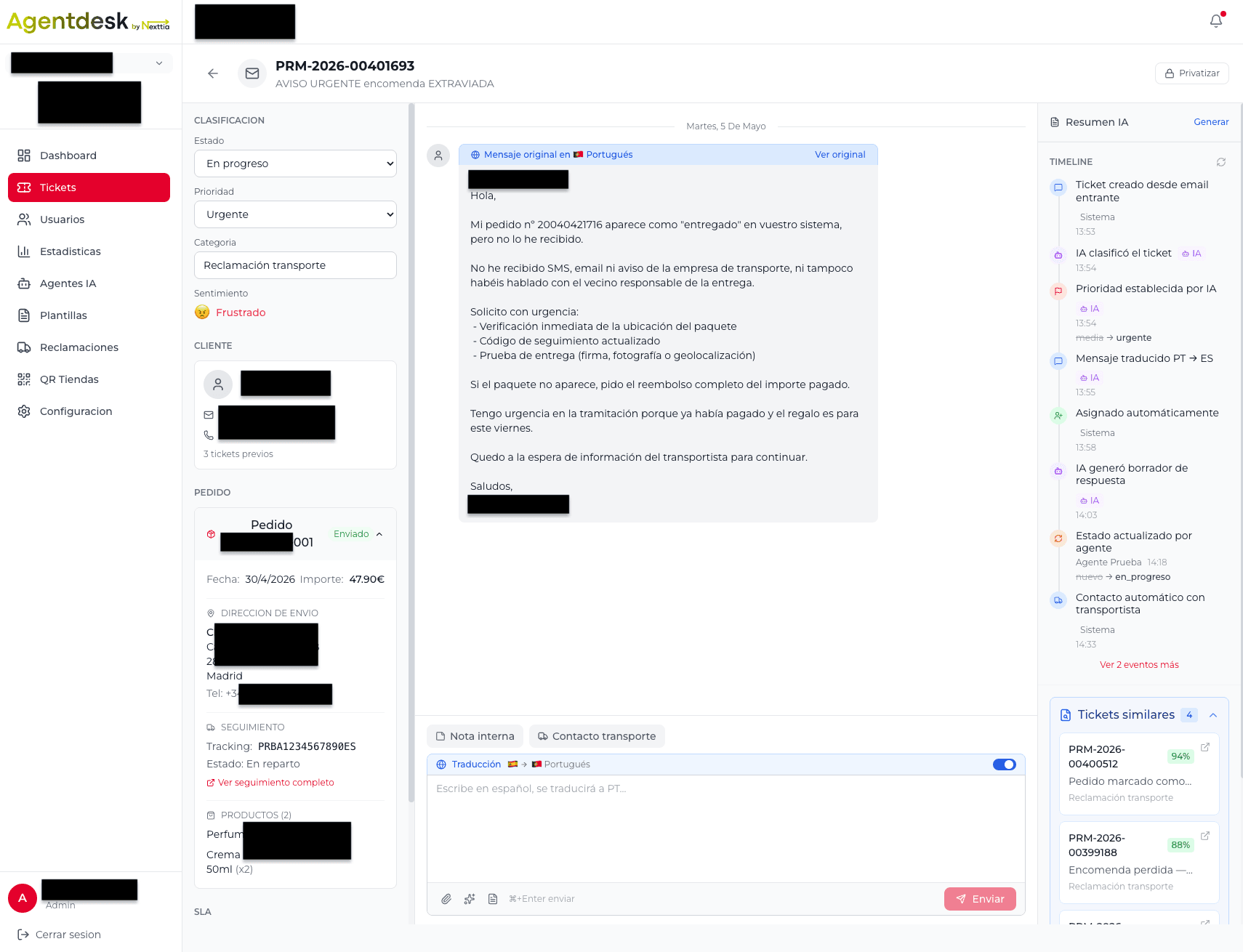 Detalle de un ticket en AgentDesk con histórico, traducción y acciones