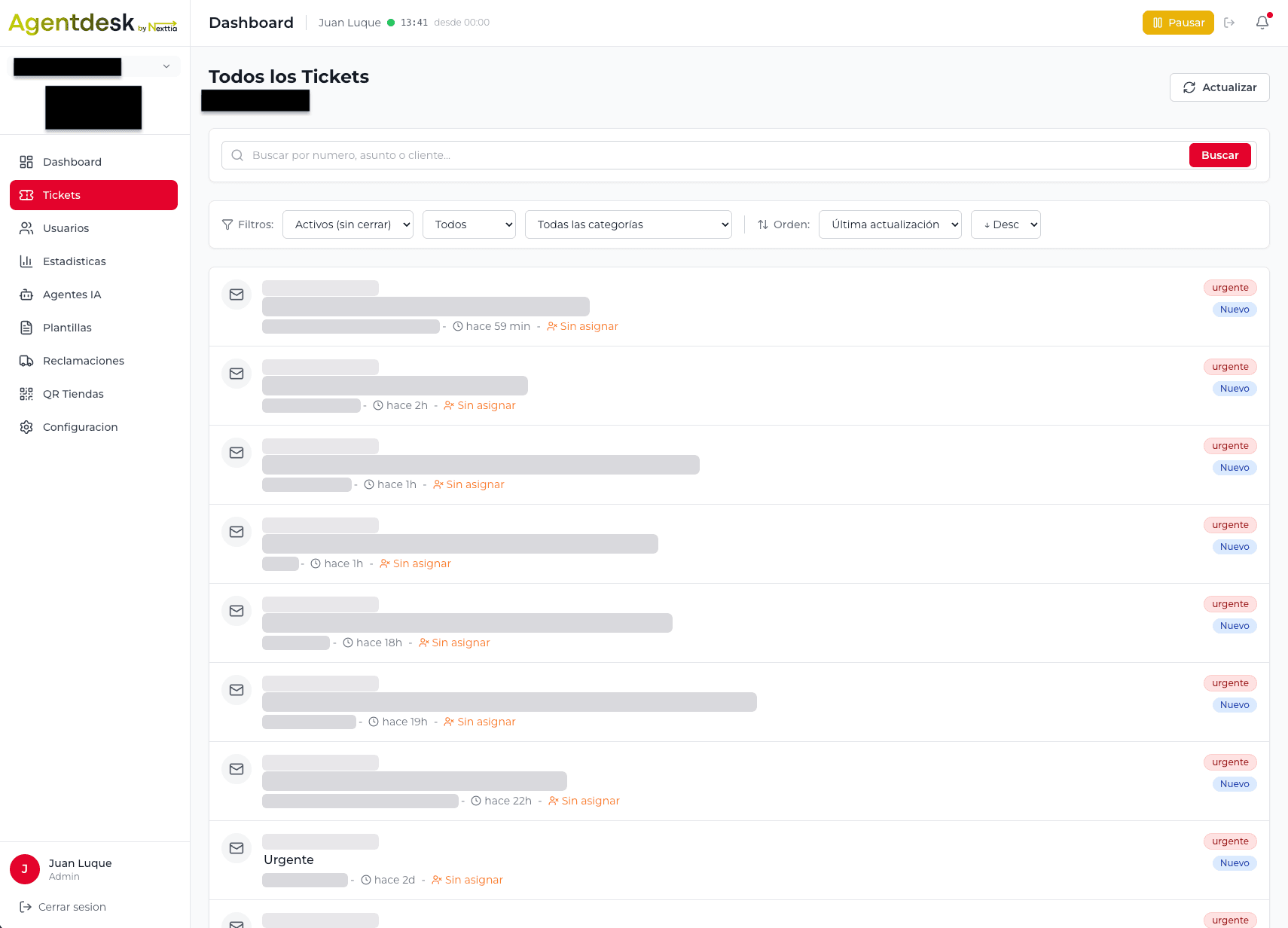 Bandeja unificada de tickets en AgentDesk