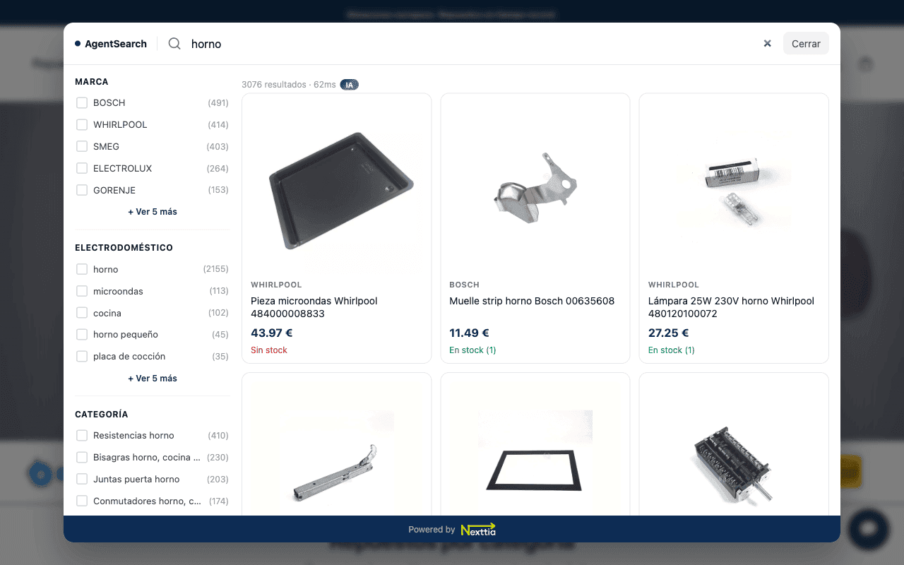 Widget modal de AgentSearch con facetas y filtros